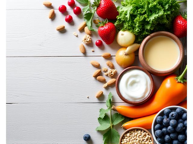 Diverse selection of healthy, gut-friendly foods.