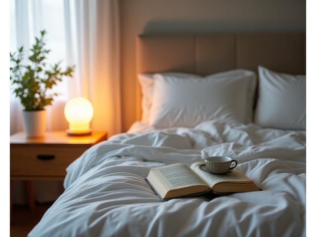 Serene bedroom with soft lighting, hinting at good sleep.
