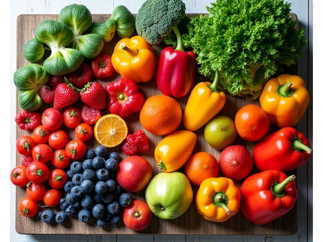 Vibrant, colorful array of fresh fruits and vegetables.