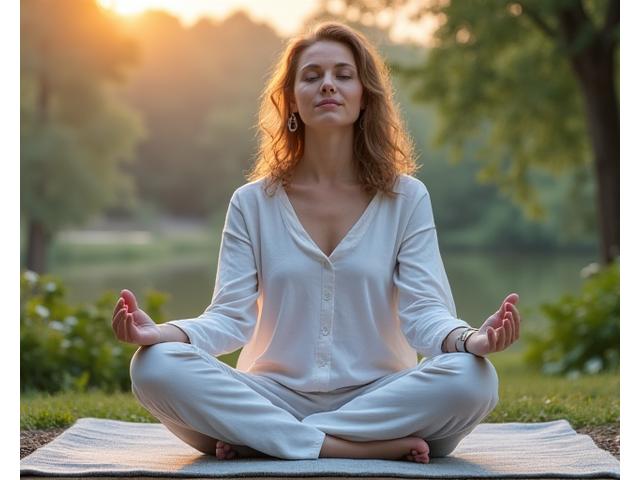 Person meditating in a calm, natural setting.