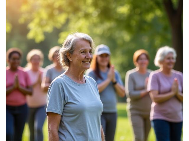 Diverse group of adults participating in a yoga class outdoors, fostering community wellness.
