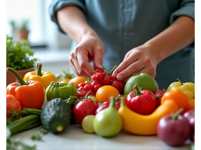 Person arranging fresh fruits and vegetables on a kitchen counter, focusing on healthy eating.